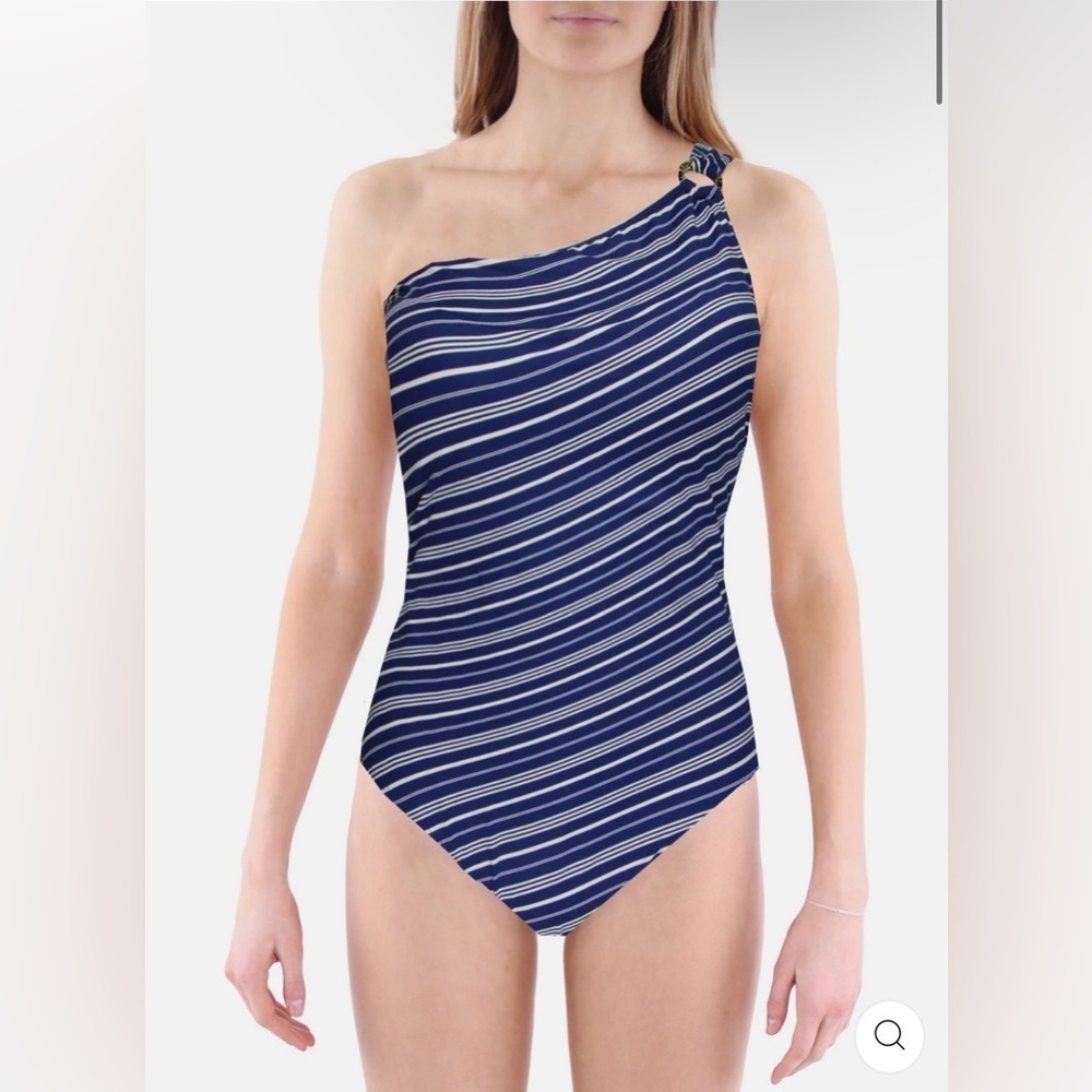 LAUREN RALPH LAUREN Harper Womens Striped One Shoulder One-Piece Swimsuit. Sz 6